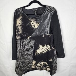 Ali Miles Size L Tunic Top Black White Mixed Media Art To Wear Punk Faux Leather